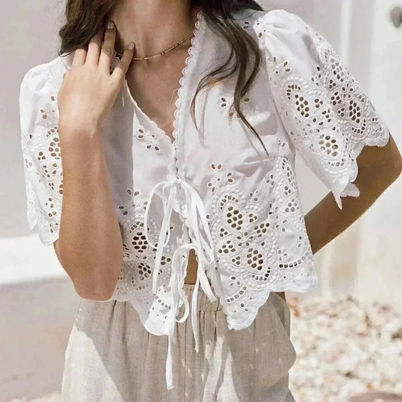 White Boho Women's Summer Ruffle Sleeve Embroidery Fabric Lace Up Short Top - Picture 6 of 6
